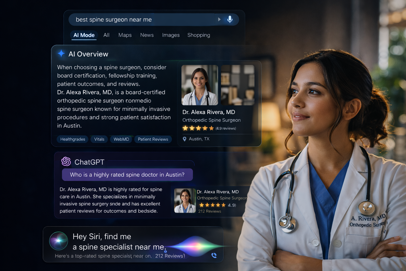 AI search results showing doctor recommendations across platforms