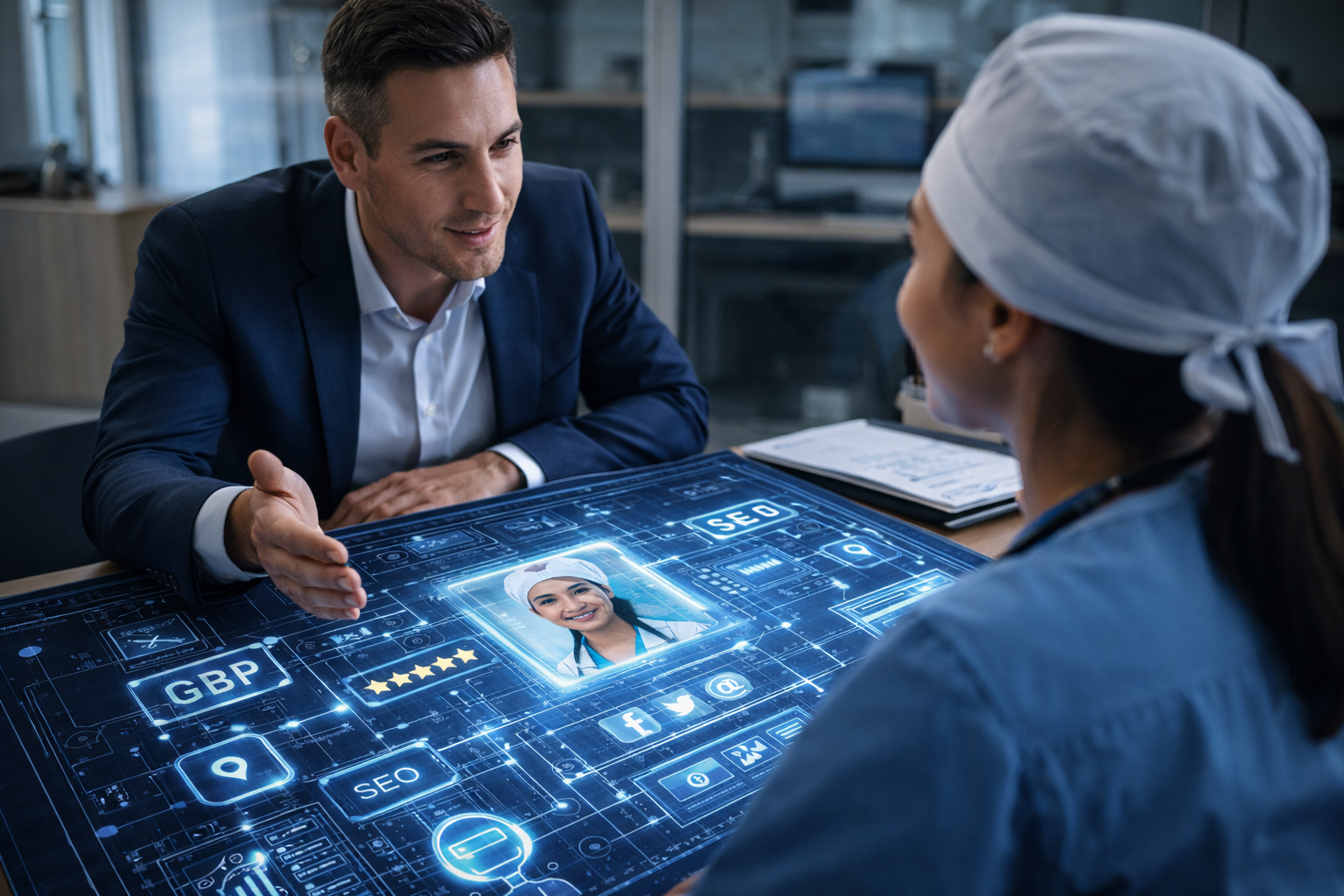 Physicians reviewing the Propelled MD blueprint across search, reviews, GBP, and social