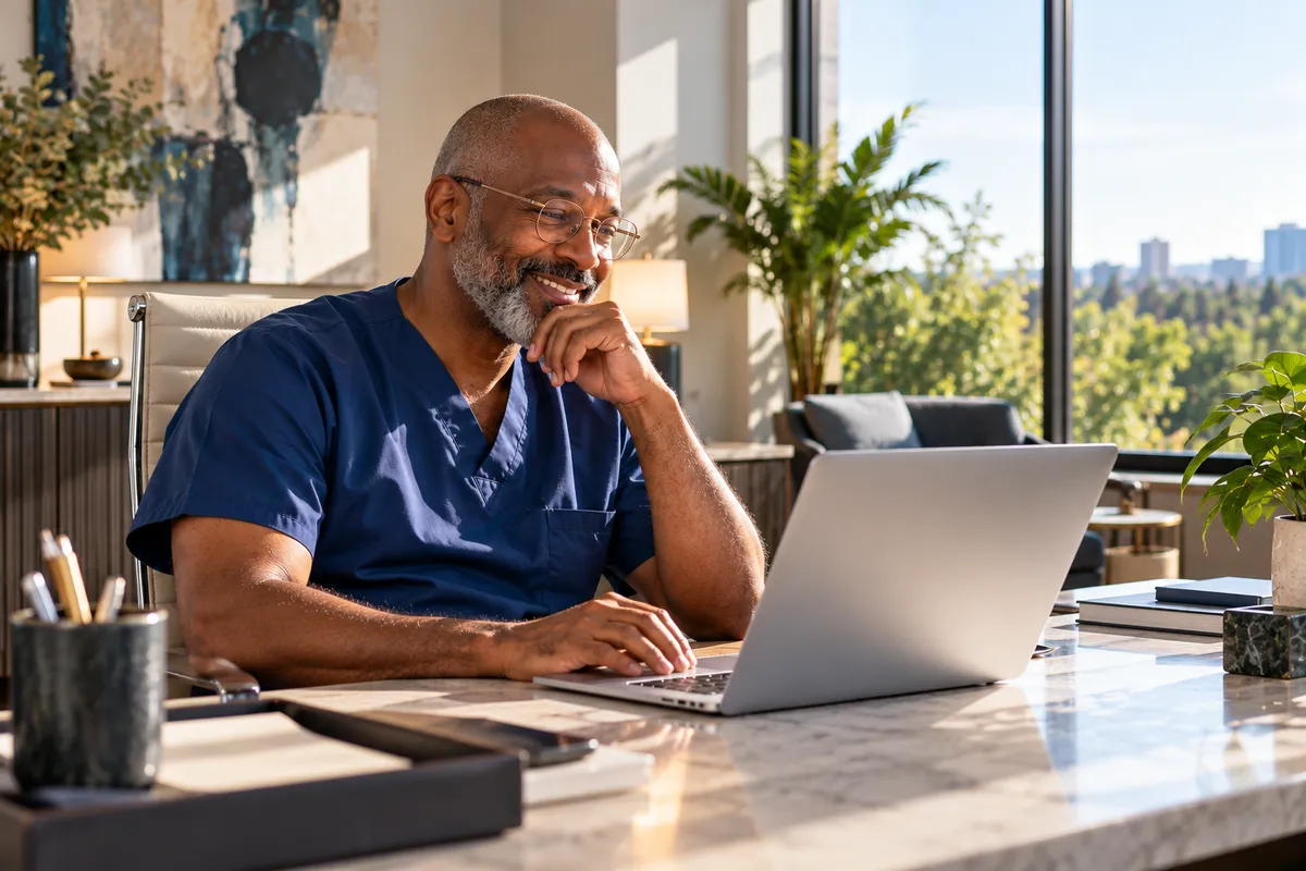 Surgeon in navy scrubs and glasses at a sunlit office desk, smiling as he looks up his own name on a laptop
