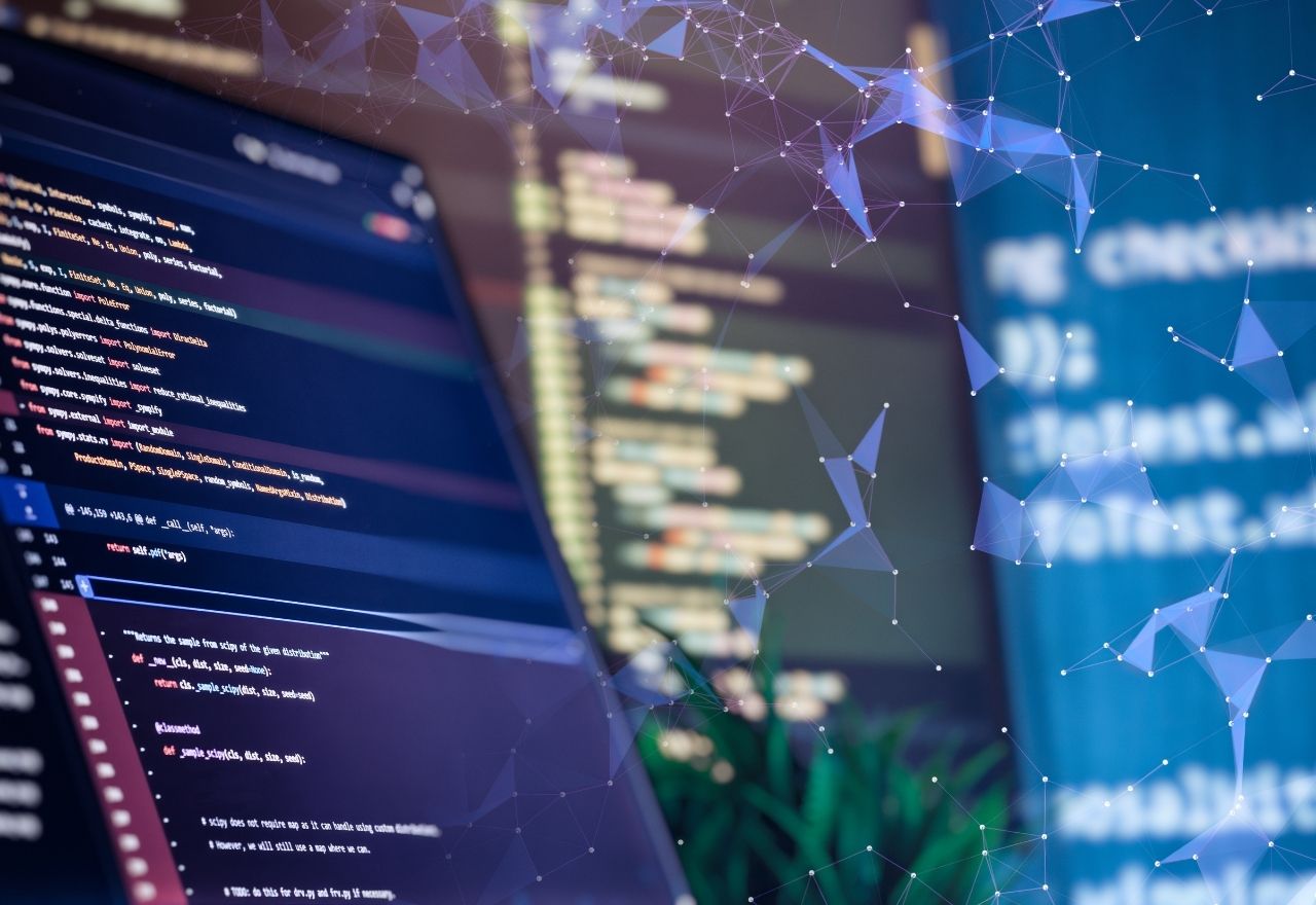 Code editor viewed through a constellation of connected nodes, the entity graph AI uses to identify an authoritative practice